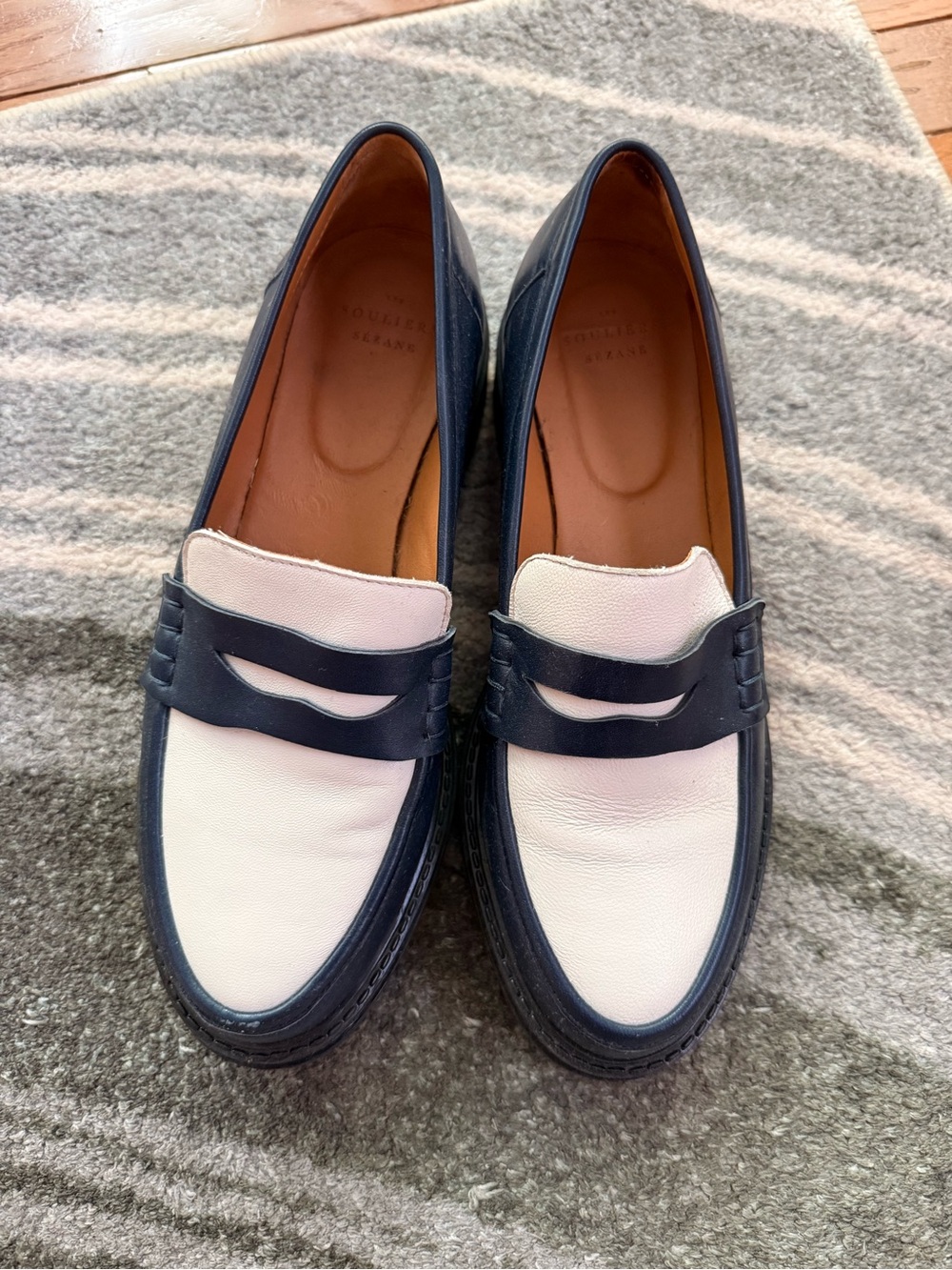 Sezane Two-Tone Navy and White Leather Penny Loafers